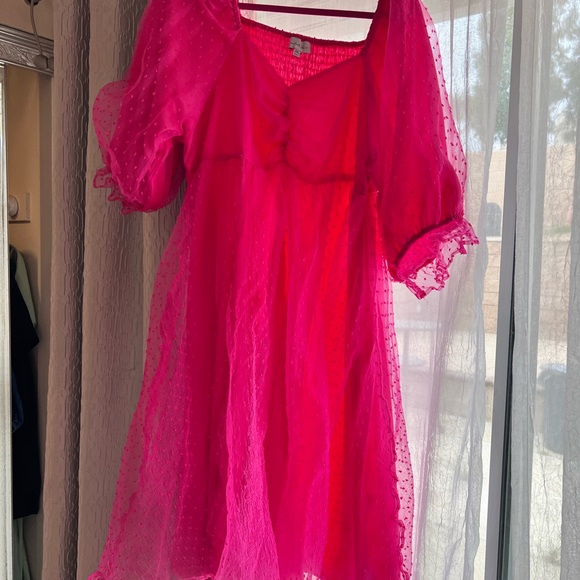 Pink Puff Sleeve V-Neck Babydoll Midi Dress - Picture 2 of 6